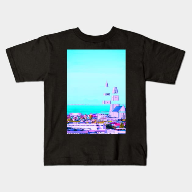 Reykjavik Iceland Hallgrimskirkja Cathedral Vaporwave Glitch Art Kids T-Shirt by GLITCH.HUB